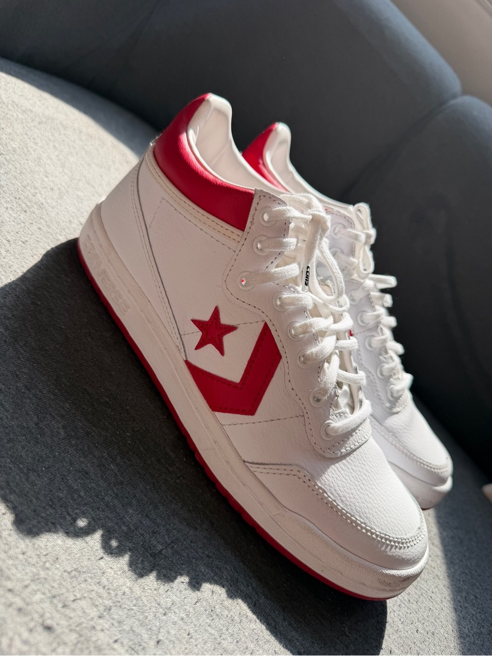 Converse White Sneakers with Red Star Chevron Accents